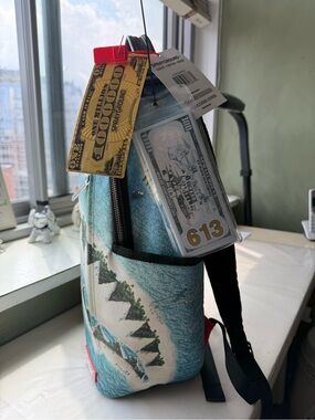 Sprayground Teal, White & Black Shark Graphic Sling Bag with Novelty Tags